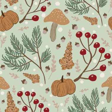 Güz Kış Şablonu Kapak, Bayrak ve Notlar için Arkaplan Çizimi. Sonbahar Estetik Arkaplanı. Bitki ve Çiçek Desenli Arkaplan. 