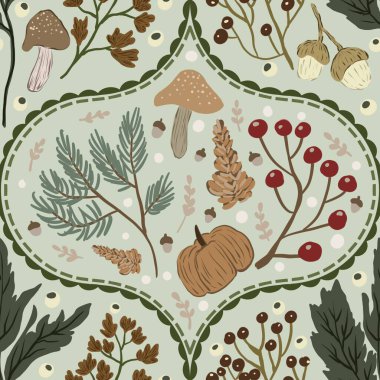 Güz Kış Şablonu Kapak, Bayrak ve Notlar için Arkaplan Çizimi. Sonbahar Estetik Arkaplanı. Bitki ve Çiçek Desenli Arkaplan. 