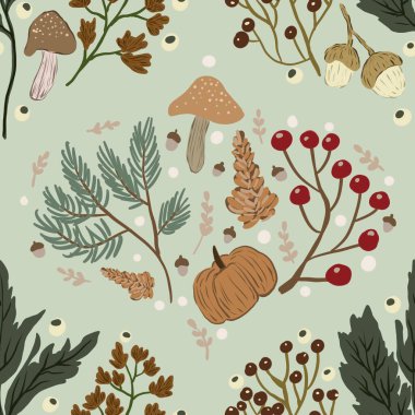 Güz Kış Şablonu Kapak, Bayrak ve Notlar için Arkaplan Çizimi. Sonbahar Estetik Arkaplanı. Bitki ve Çiçek Desenli Arkaplan. 