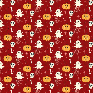 Kafatası, hayalet, ağ ve balkabağı ile cadılar bayramı kusursuz kırmızı arka planı tekstil kumaş tasarımı, ambalaj kağıdı, web sitesi kağıtları, tekstil, duvar kağıdı, afiş ve giyim için iyidir. vektör illüstrasyonu