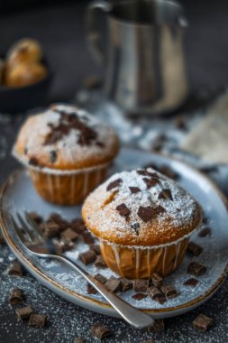 Nefis çikolatalı kekler ve bir fincan kahve.