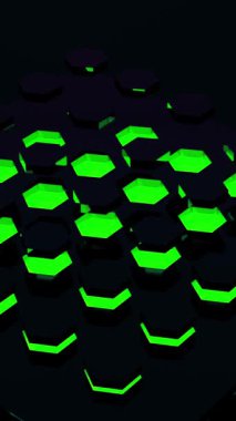 Soyut animasyonlarda, karanlık bir yüzeyde çeşitli şekillerde titreşen yeşil altıgen ışıklar modern ve geleceksel bir tasarım ile büyüleyici bir görsel deneyim yaratıyor..