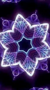 Karanlık bir arkaplanda mor ve mavi çizgileri olan neon bir yıldız deseni tasvir eden soyut bir resim. Geometrik tasarım fütüristik ve dinamik bir görsel etki yaratır.