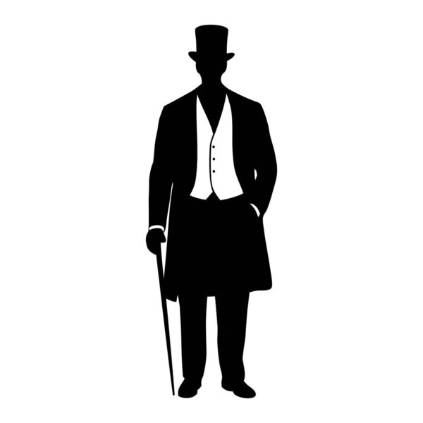 A Silhouette Vector Illustration of a Man in Top Hat and Suit with Cane Walking Isolated on a White Background. Man Silhouette Vector Illustration