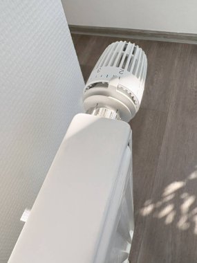 Küçük bir ısıtıcı, açık ahşap bir zeminde oturur ve yeri verimli bir şekilde ısıtır. Güneş ışığı pencereden süzülüp odada rahat bir atmosfer yaratır..