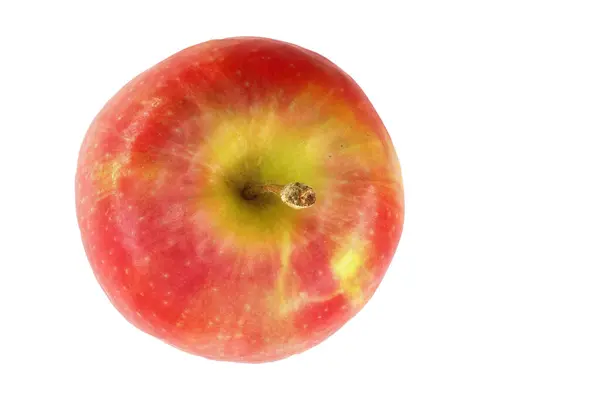 Parlak kırmızı bir elma beyaz bir yüzeyde duruyor, parlak derisini ve yuvarlak şeklini vurguluyor taze ve atıştırmak için çekici görünüyor..