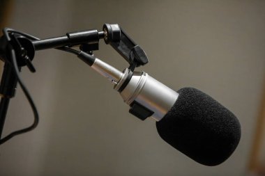Profesyonel bir mikrofon, yüksek kaliteli kayıt için tasarlanmış bir ses stüdyosunda kurulur. Ortam sakin ve odaklı, müzik veya ses yakalamak için ideal..