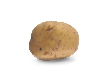 Tek bir kahverengi patates, pürüzlü dokusunu ve düz olmayan formunu vurgulayan düz beyaz bir yüzeye yerleştirilir. Işıklandırma onun toprak rengini ve özelliklerini vurgular..