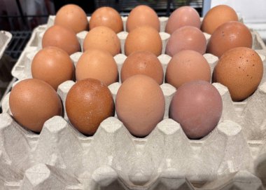 Birkaç kahverengi yumurta bir markette karton bir karton kutuda düzenlenir. Çeşitlilik ve tazeliğin farklı tonları, kaliteli ürünler arayan müşterilerin ilgisini çekiyor..