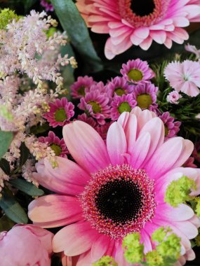 Çerçeveyi dolduran renkli bir çiçek dizisi, daha küçük pembe çiçekler ve narin yeşilliklerle çevrili çarpıcı pembe papatyalarla dolu, canlı bir atmosfer yaratıyor..