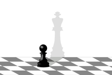 Siyah bir piyon satranç tahtasının üzerinde duruyor. Gölgesi bir kral şeklini yansıtıyor. Stratejik bir satranç oyunundaki potansiyel hamleleri sembolize ediyor. Dekor minimalist, parçaları vurguluyor..