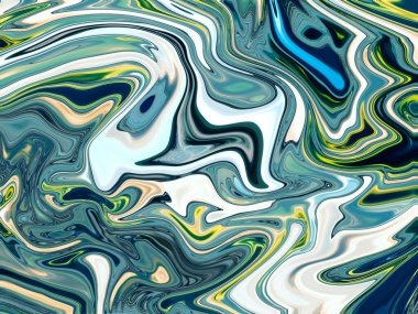 Yeşil, mavi ve krem rengi kıvrımları pürüzsüz bir şekilde birleşir, modern dijital sanat eserlerinde sıvı hareketi ve sanatsal ifade gösterilir..
