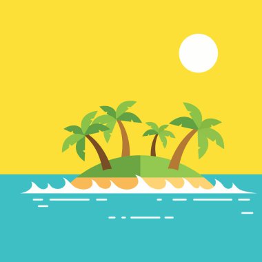 Palmiye ağaçları ve parlak güneşli gökyüzü olan tropik bir ada