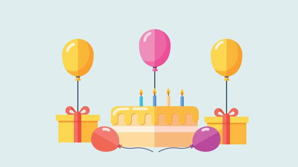 Illustration of Birthday Celebration with Cake, Balloons, and Gift Boxes