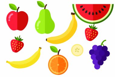 Estetik olarak sıralanmış elma, muz, karpuz ve çilek gibi çeşitli meyvelerin yer aldığı canlı bir illüstrasyon. Gıda, sağlık ve yaşam tarzı tasarım projeleri için ideal.