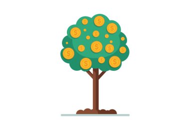 Dallarında dolar sikkeleri olan ve zenginliği, büyümeyi ve başarıyı sembolize eden bir ağacın resmi..