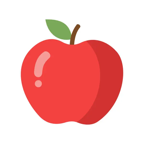 Yeşil yapraklı ve beyaz arka planda pürüzsüz eğim gösteren taze kırmızı bir elmanın vektör çizimi. Meyve, sağlık ve gıdaya odaklanan tasarımlar için ideal.