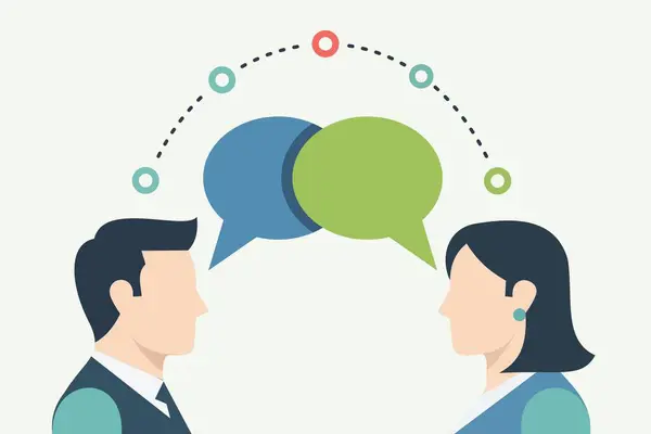 Üst üste binen konuşma baloncuklarıyla sohbet eden iki kişinin canlandırması