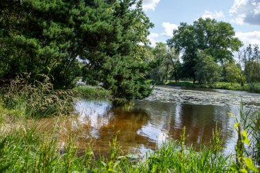 Eski bir şehrin ortasında bir gölet. Nehir su yüzeyine yansıyor..