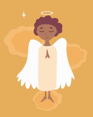 Noel meleği dua ederek ellerini kavuşturdu. Bir bulutun üzerinde duruyor gözlerini kısarak gülümsüyor. Koyu tenli ve saçlı küçük bir melek, sarı arka planda Afrikalı bir Amerikalı.