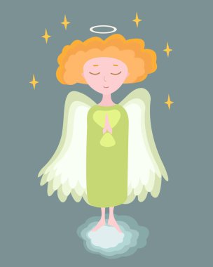 Küçük bir meleğin vektör çizimi. Yeşil arka planda bir Noel meleği kızı. Yeşil tunik giymiş kırmızı saçlı küçük bir melek.