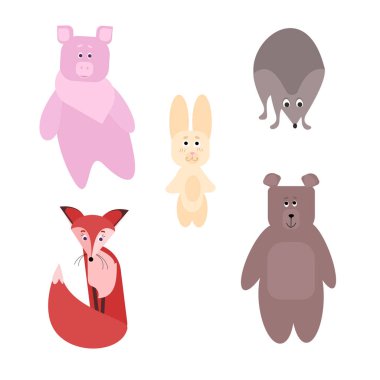 Bir grup sevimli vahşi hayvan domuz, tilki, ayı, kirpi, tavşan. Düz hayvan vektör koleksiyonu. Beyaz arka planda basit, komik karalama hayvan çizimleri..