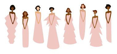 Beyaz bir arka planda pembe elbiseli farklı ten renginde kadınların düz çizimleri. Uluslararası Kadınlar Günü kutlamaları..