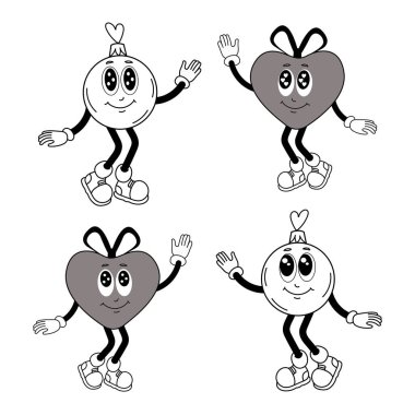 90 'ların stil etiketleri ve Noel ağacı süslemeleri. Retro tarzı. Mutlu Noeller koleksiyonu. Çizgi film tarzı. Yüzleri, kolları ve bacakları olan mutlu noel süsleri. Yeni Yıl 