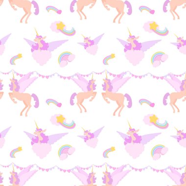 Tekboynuzları, gökkuşakları ve bulutları olan şirin, pürüzsüz bir desen. Pastel renklerde kusursuz desen..