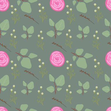 Bitkiler ve pembe çiçeklerle bahar deseni. Geriye Desen kalıyor. Sonsuz Özgeçmiş. Kusursuz koyu yeşil desen