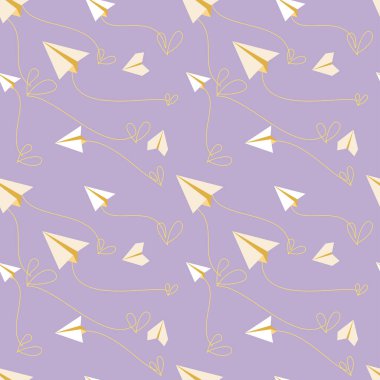 Kağıt uçak deseni. Beyaz kağıt uçaklar, origami, ışık arkaplan üzerine aşk notları içeren kusursuz vektör deseni. Kupa çizimleri..