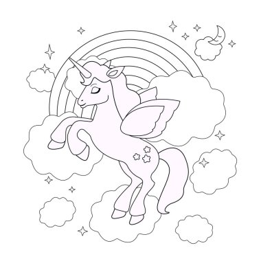 Vektör illüstrasyonu. Gökkuşağı arka planında bulut üzerinde tek boynuzlu bir at ile renklendirme sayfası.