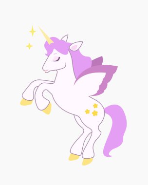 Kanatları olan şirin bir tek boynuzlu at arka ayakları üzerinde durur vektör çizimi, çocuk sanat eserleri, moda grafiği, duvar kâğıdı ve tebrik kartı tasarımları..