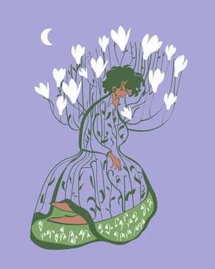 Soyut vektör çizimi. Manolya ağacı şeklinde bir kadın figürü. Çiçekli manolya ağacı, çiçek açan doğal güzellik, moda, egzotik illüstrasyon