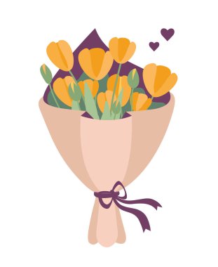 Beyaz arka planda turuncu çiçek demetleri. Vektör çizimi. Güzel, bahar portakal buketi, sarı laleler. Tebrik kartı, bahar kartı..