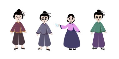 Geleneksel giysiler giyen Asyalı erkekler milli kadim kostümler içinde gülümseyen insanlar ya da Japon erkek kadın çizgi film karakterleri tam boy düz yatay