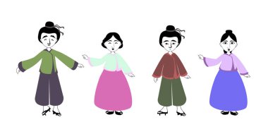 Geleneksel giysiler giyen Asyalı erkekler milli kadim kostümler içinde gülümseyen insanlar ya da Japon erkek kadın çizgi film karakterleri tam boy düz yatay
