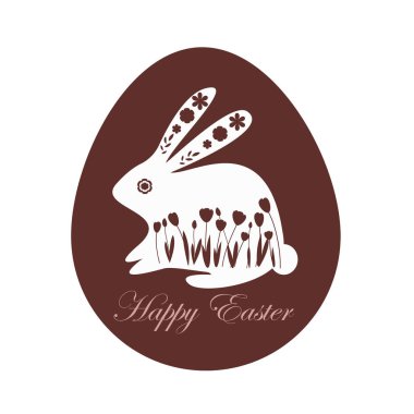 Vector illustration in brown tones with the text Happy Easter bunny card. Rabbit silhouette decorated with flowers in an egg-shaped frame.