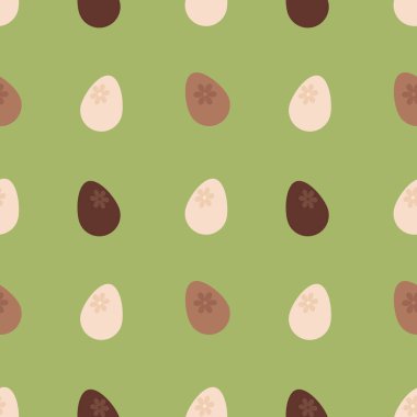 Çikolata yumurtaları pürüzsüz. Mutlu Paskalyalar. Paskalya tatlıları. Beyaz, süt ve siyah çikolatadan yapılmış yumurta şeklinde çikolata şekerlemeleri. Açık yeşil arkaplanda pürüzsüz desen.