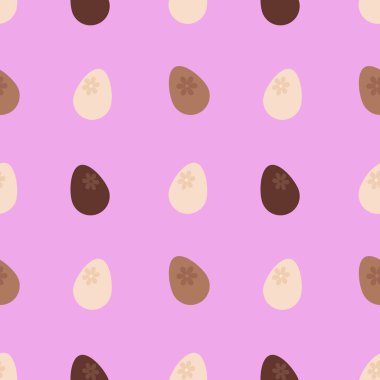 Çikolata yumurtaları pürüzsüz. Mutlu Paskalyalar. Paskalya tatlıları. Beyaz, süt ve siyah çikolatadan yapılmış yumurta şeklinde çikolata şekerlemeleri. Açık pembe arkaplanda pürüzsüz desen.