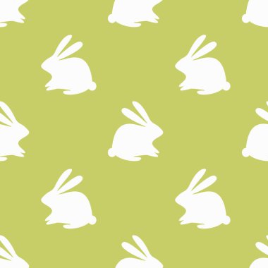 Beyaz arka planda yeşil tavşan siluetleri. Minimalist tasarım. Şirin beyaz tavşancıkları olan modern, pürüzsüz desenler. Yumuşak paskalya renkleri, pürüzsüz şekiller. EPS10 vektörü.