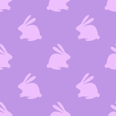 Menekşe arkaplanda tavşan siluetleri. Minimalist tasarım. Şirin tavşanları olan modern, pürüzsüz desenler. Yumuşak paskalya renkleri, pürüzsüz şekiller. EPS10 vektörü.