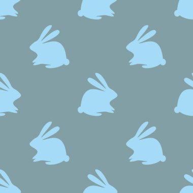 Mavi arka planda tavşan siluetleri. Minimalist tasarım. Şirin tavşanları olan modern, pürüzsüz desenler. Yumuşak paskalya renkleri, pürüzsüz şekiller. EPS10 vektörü.