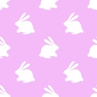 Pembe arka planda beyaz tavşan siluetleri. Minimalist tasarım. Şirin beyaz tavşancıkları olan modern, pürüzsüz desenler. Yumuşak paskalya renkleri, pürüzsüz şekiller. EPS10 vektörü.