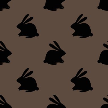 Şirin siluet tavşancıkları olan modern, pürüzsüz desenler. Koyu arkaplanda siyah tavşan siluetleri olan basit, pürüzsüz desenler. EPS10 vektörü