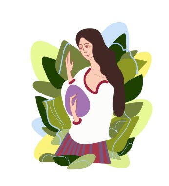 Vektör illüstrasyonu, uzun kahverengi saçlı, Paskalya yumurtası ve bahar bitkileriyle gülümseyen kız. Paskalya için kartpostal konsepti. Çizgi film tarzında vektör stok arka planı. Paskalya yumurtasıyla Avrupa görünümlü genç, mutlu bir kadın.