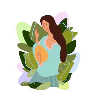 Vektör illüstrasyonu, uzun kahverengi saçlı, Paskalya yumurtası ve bahar bitkileriyle gülümseyen kız. Paskalya için kartpostal konsepti. Çizgi film tarzında vektör stok arka planı. Genç, mutlu egzotik görünümlü bir kadın, Paskalya yumurtalı bir Latin Amerikalı. Paskalya kartı