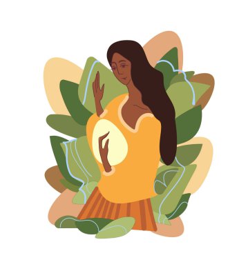 Vektör illüstrasyonu, uzun kahverengi saçlı, Paskalya yumurtası ve bahar bitkileriyle gülümseyen kız. Paskalya için kartpostal konsepti. Çizgi film tarzında vektör stok arka planı. Egzotik görünümlü genç, mutlu bir kadın, paskalya yumurtalı bir Afrikalı Amerikalı. Paskalya kartı