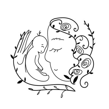 Bir annenin vektör çizimi ve kuş yuvası şeklinde çiçek çerçeveli küçük bir bebek. Çizgi film, çocuğunu kucaklayan bir annenin şirin bir çizimi. Yuva partisi daveti, vaftiz.