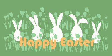 Tavşan kulaklı Paskalya yumurtası. Mutlu Paskalyalar. Tavşanlı pankart ve selamlar. Vektör.